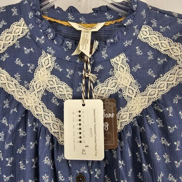 NEW Matilda Jane JEMMA Peasant Top Girls 10 Blue Boho Floral Crochet Blouse - Picture 4 of 7